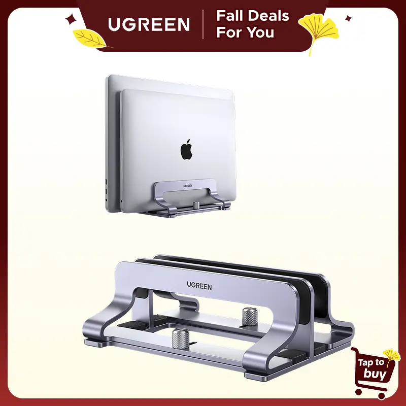 UGREEN Aluminum Vertical Laptop Stand for Desk - Adjustable Dual Slot Foldable Laptop Stand & Tray, Silicone Anti-Slip, Up to 17.3" Fit, Desk Accessory, Compatible with MacBook, Lenovo, Surface, HP, Dell PCs -tiktokshopfalldealsforyou