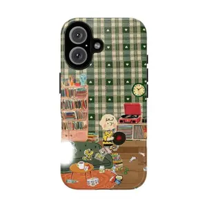 This Charlie Br0wn-Themed Phone Case Features An Adorable Design With Images Of A Record Player, Bookshelf, And Wo0dstock Bird Jigsaw Puzzle, Making It A Beautiful Gift