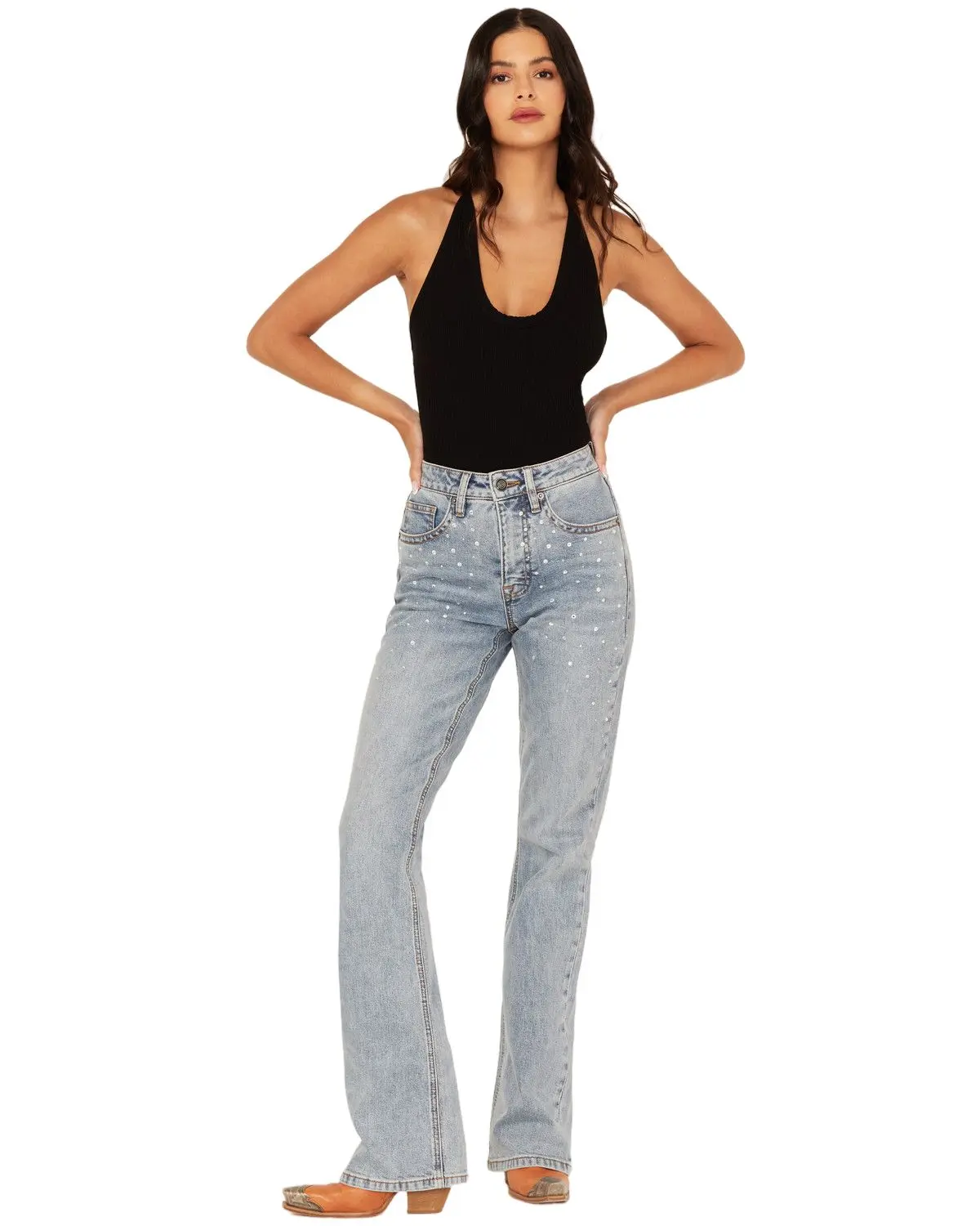 Rock & Roll Denim Women's And Light Wash High Rise Rhinestone Studded Bootcut - Bw4hd05322