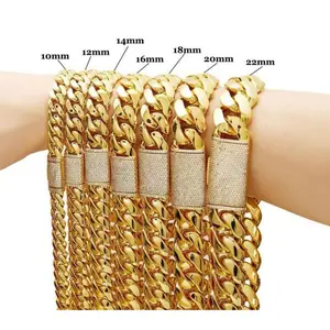 The Classic  Clasp Gold color Cuban Cuban Link Chain| 5A Cubic Zirconia, Iced-Out Clasp,| Luxury 14K Gold Necklace| Non-Tarnish Stainless Steel, 10-22mm Hip Hop Jewelry Stylish Statement  Accessory