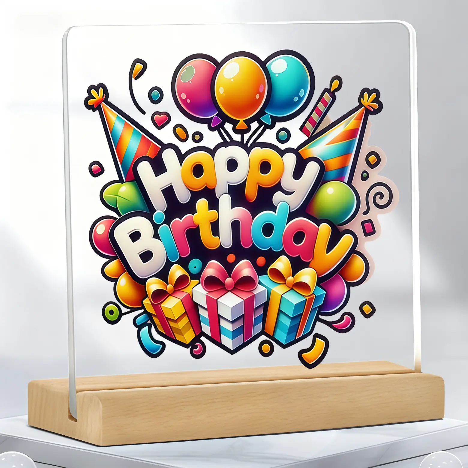 Happy Birthday Acrylic Plaque with Wooden Stand, Colorful Balloon Gift Box Party Hat Desk Sign, Birthday Party Table Decor, Birthday Gift for Family Friends