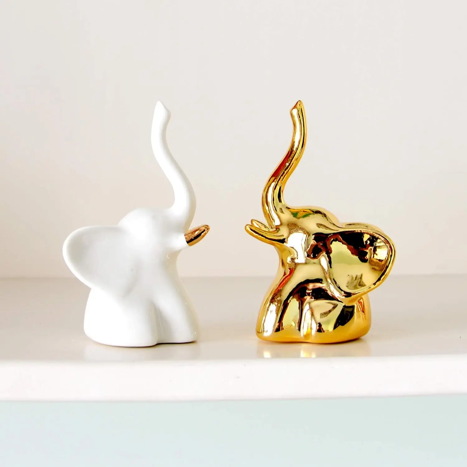 Gold & White Elephant Decor Set  | 1 Pair Decorative Statues | Modern Home Shelf & Room Accent