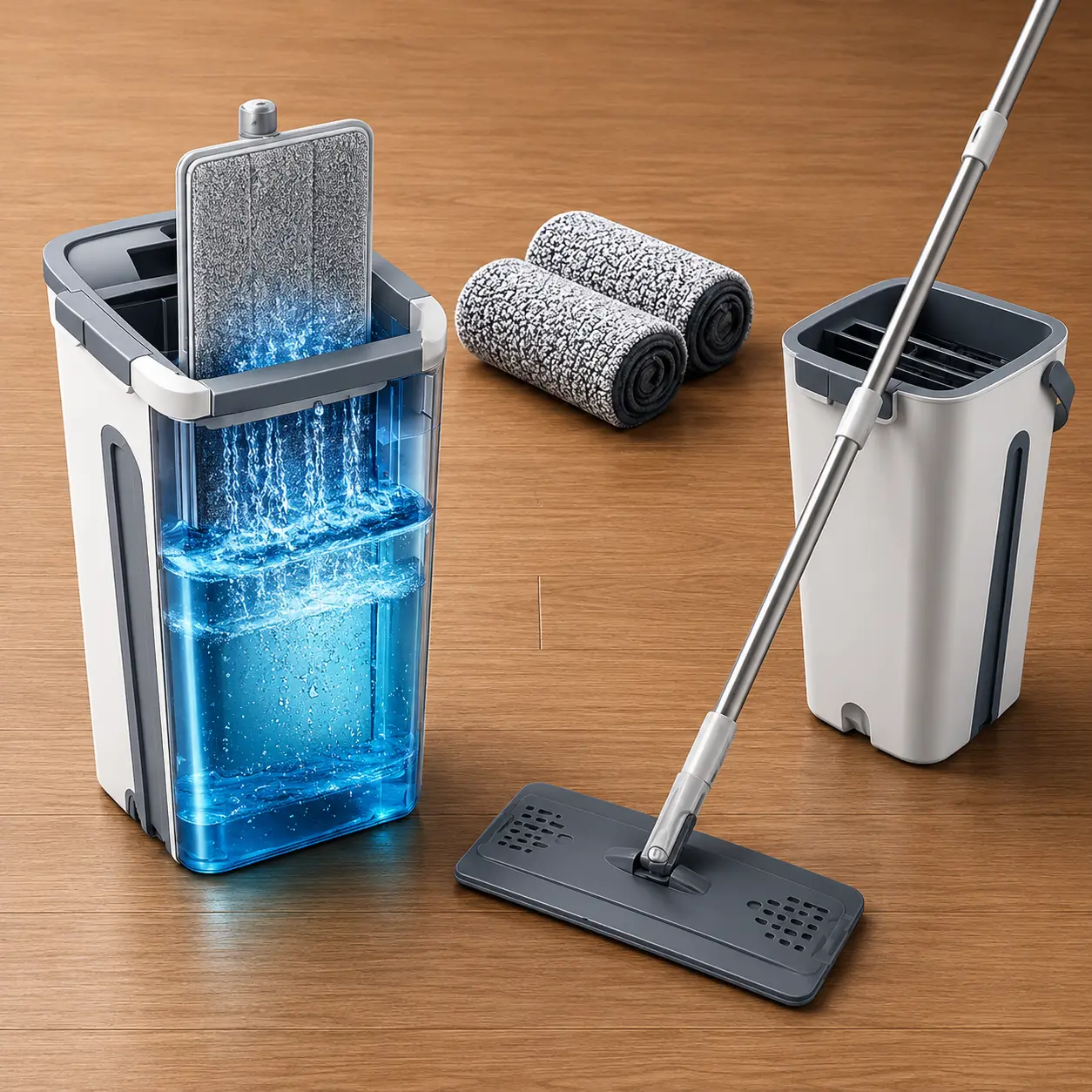 Flat Mop and Bucket Set with Easy Wring Wringer, 2 Absorbent Durable Reusable Microfiber Pads, Hands-Free Auto Rotating Floor Clean Mop, 360° Rotating Head, 49 in Long Handle for Hardwood Tile Floors