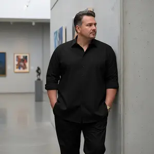 Men's Plus-Size Long-Sleeved Casual Dress Shirt with Button-Down Design Loose Oversized Fit for Business Travel & Everyday Wear