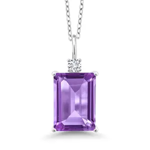 Gem Stone King 5-10 Cttw Gemstone Birthstone and Lab Grown Diamond Pendant Necklace for Women | 925 Sterling Silver | Emerald Cut 14X10MM | With 18 Inch Chain