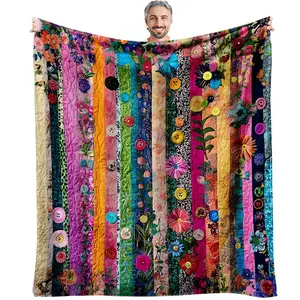 Flannel Floral Print Blanket with Colorful Patchwork Floral Stripes, Soft and Plush Throw for Sofa, Bed, Car, Camping, Christmas Gift