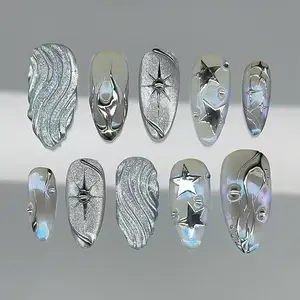 Stylish Press-On Nails, Glossy False Nails, Silver Color Nail Art Design, Perfect for Women & Girls, Ideal for Special Events & Daily Wear