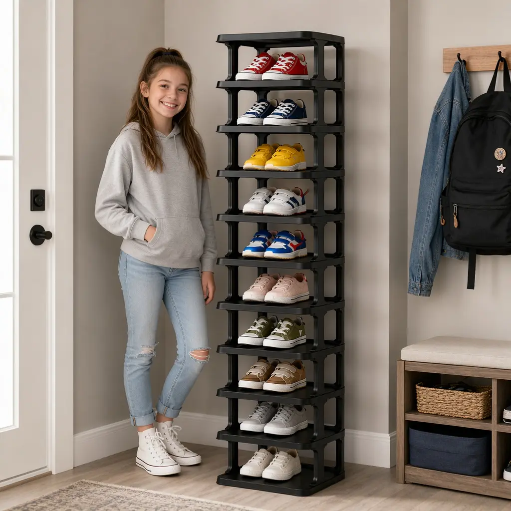 9-Layer Sturdy Slim Vertical Plastic Shoe Storage Organizer, Minimalist Stackable Shoe Rack for Quick Assembly, Space-Saving Solution for Entryways and Closets