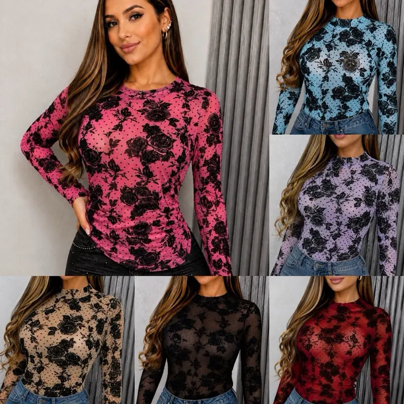 Women's Chic Floral Blouse, Elegant Long Sleeve Sheer Mesh Top for Casual to Semi-Formal Outfits, Fabric, Jeans, Skirts, Longsleeves, Style, Chic Tops Going Out, Layering Outfits, Going Out Chic Tops