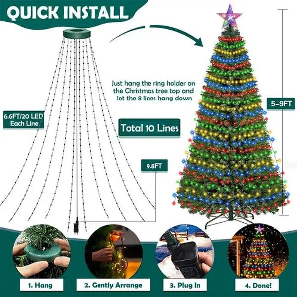Christmas Tree Waterfall Lights - 200LED RGB Color Changing - Indoor/Outdoor Lightweight Set