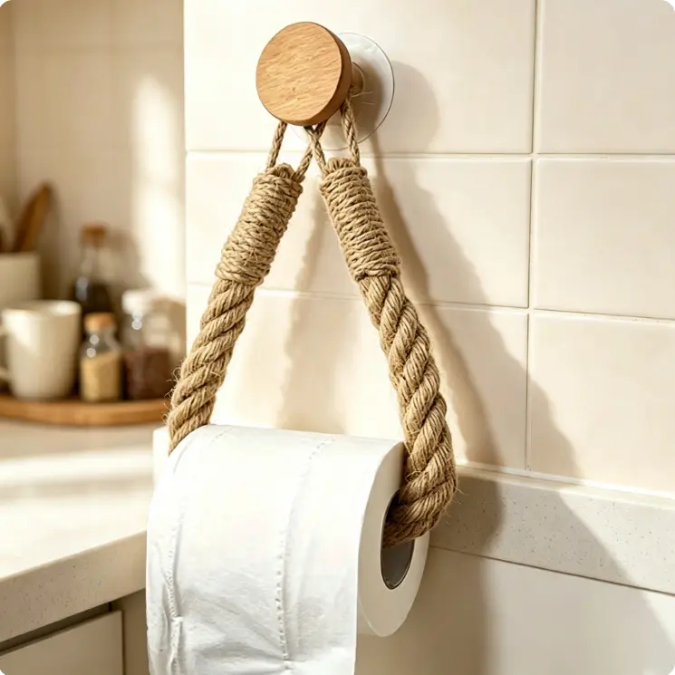 1 Sets Vintage Hand-Woven Bathroom,Kitchen Storage Lanyard - Self-Adhesive Toilet Paper & Towel Holder, Rustic Rope Organizer for Bathroom Decor Supplies, No Tools Needed, Decorative Wall Hanging | Natural Materials, Bathroom，kitchen Accessories