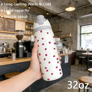 32oz Dual-Use Sports Water Bottle Tumbler, Hydration Tumbler, Thermo Tumbler, Artistic Strawberry Pattern, 304 Stainless Steel Vacuum Insulated, Durable Insulated, Large Capacity Fruit Cup, Perfect Gift