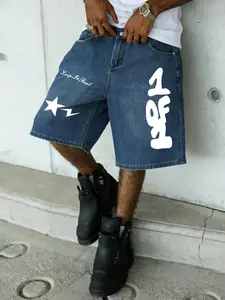 Streetwear Y2K Baggy Denim Shorts  1 OF 1 Graphic Print  Keep It Real Star Bolt Design  Loose Fit Hip Hop Jeans Shorts for Men  Vintage Washed Cotton Denim  Casual Streetwear Fashion for Skate, Rave, Daily Wear