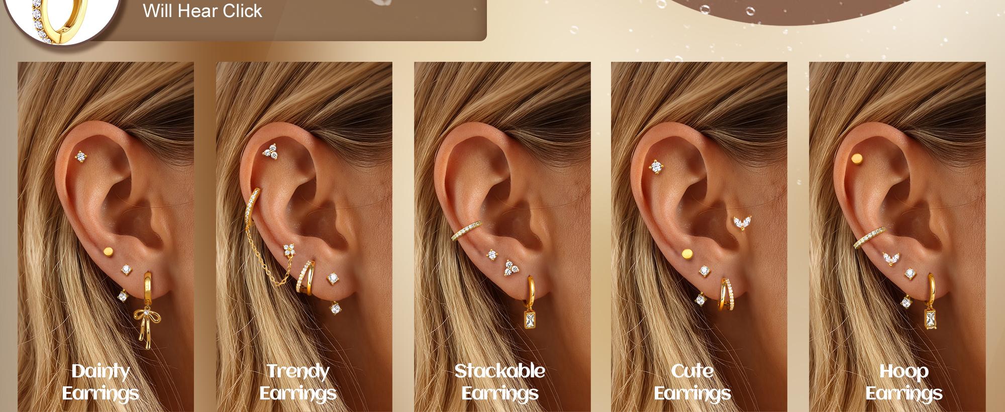 ORAZIO 14K Gold Plated Silver Huggie Hoop Stud Earrings Set for Women Hypoallergenic Cartilage Piercing Jewelry Multiple Piercing Earrings Stack with Chain & CZ Studs