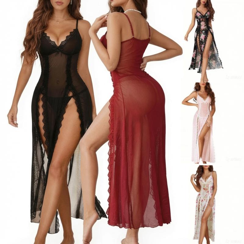 Women's Soft Lace Chemise Nightgown, Elegant Floral V-Neck Lingerie with Spaghetti Detail, Breathable Backless Sleepwear, Spandex, Fabric, Sleeveless, Feminine, Spaghetti Strap, Deep V, Fitted Adjustable Bag, Stretchy, Floral Lace
