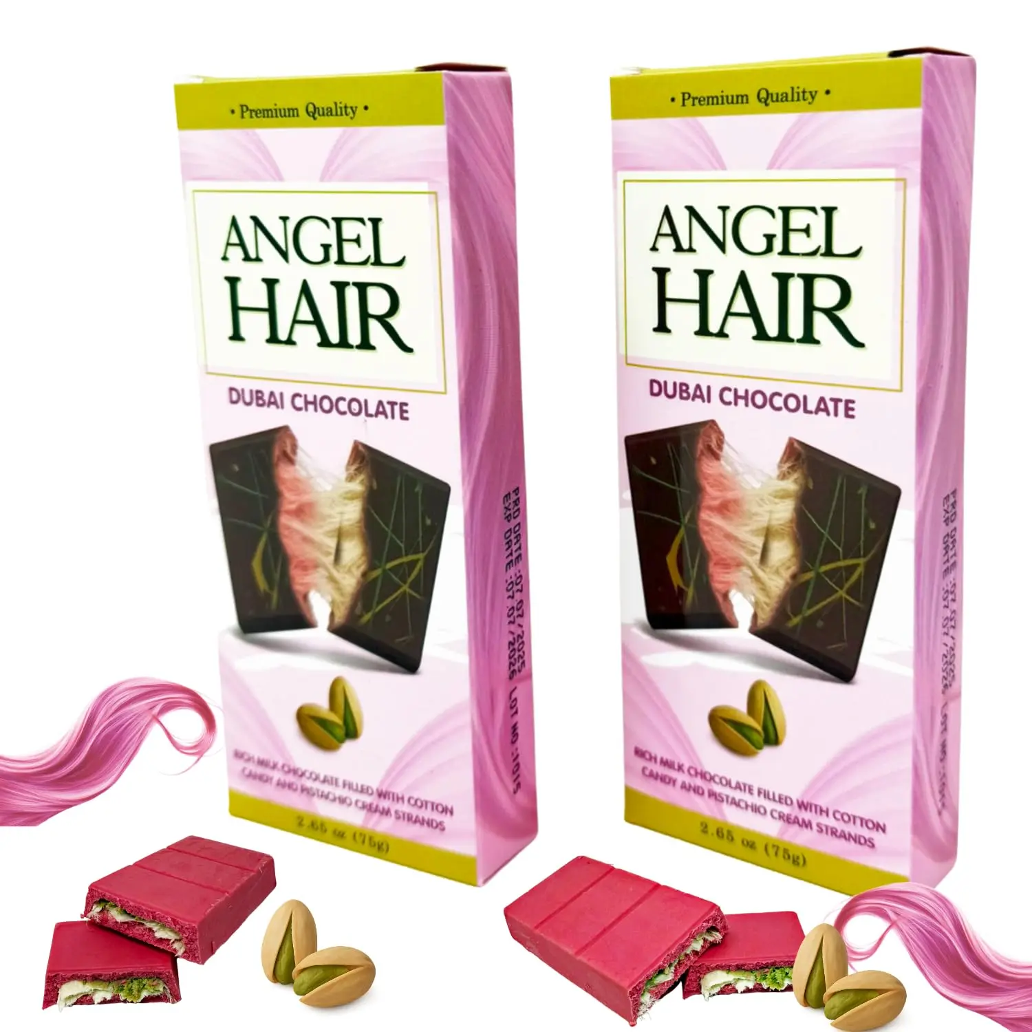 Zimply Foods Angel Hair Shell Dubai Bar 2-Pack (2.65oz) - Premium Milk Snack with Angel Hair Strands, Cotton Candy, Pistachio Cream, Gourmet Layers, Blush Pink, Unique Birthday Gift