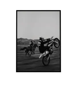 (No Frame) Motor Racing With a Horse, Motorcycle Retro Art Poster, Horse Racing Poster, Horse Power Room Aesthetic Posters