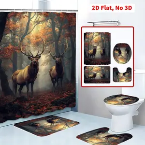 4 Pcs Autumn Forest Deer Pattern Shower Curtain Set, Rustic Bathroom Accessories, Anti - slip Bathroom Floor Mat, Shower Curtain with Hooks, Toilet Cover Mat, Home Decor, Bathroom Accessories Machine Washable the bathroom is full of gentle small de