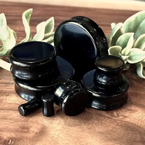 PAIR of Stunning Black Onyx Organic Stone Plugs/Tunnels - Gauges 6g to 38mm