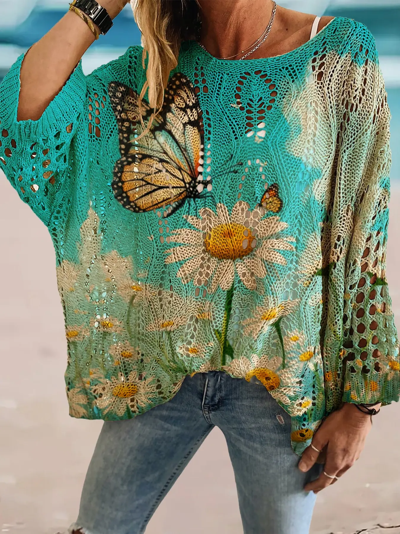 Women's Spring and Summer Round Neck Rhombus Hollow-out Batwing Sleeve Knit Cardigan, suitable for commuting and vacation, with sunflower & butterfly print, loose drop shoulder for a slimming effect, can be worn as a bikini cover-up top.