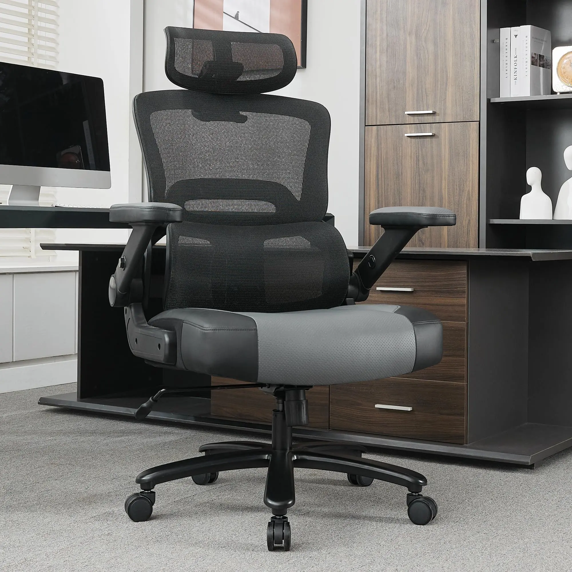 BOWTHY Ergonomic Office Chair - 500lbs Big and Tall Heavy-Duty PU Leather Executive Chair, 360-Degree Swivel, Adjustable Mesh High Back, Lumbar Support, Flip Arms, 3D Headrest, Durable Comfortable for Plus Size Users