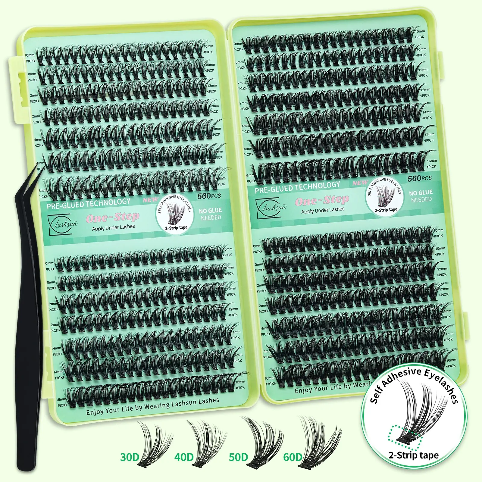 Lashsun 560 Pcs Self Adhesive Eyelashes Book, 4 Styles Large Capacity D Curl Self Adhesive Natural Lashes, No Glue Needed, 2-Strip Tape - Longer Lasting, Pre Glued Eyelashes with Tweezers Easy to Use, Glueless Lashes, Cosmetic False Lashes