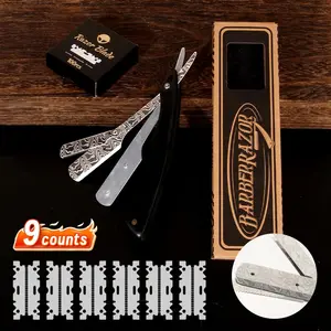 Men's Professional Manual Razor Set, Razors Set, 9 Counts/set Including Razor Holder & Blades & Blade Protector, Durable Stainless Steel Razor Set for Men