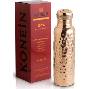 100% Pure Copper Water Bottle 34oz (1000ml) Hammered Design Leakproof Drinking Bottle for Home Gym Yoga Ayurvedic Water Storage