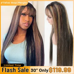 [30” Only $109.99] Menglle Hair Honey Blonde highlight 13x4 Long Straight With Bangs Glueless Human Hair Lace Front Wig Burgundy Silky Straight Lace Wig Easy Wear 180% Density#Summervibes#TikTokShopStockUp