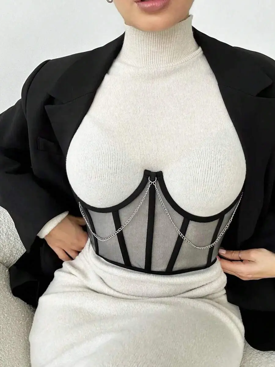 MIA 1pc Mesh Sheer Bustier Top, Women Lace-Up Steel Boned Corset With Wide Waistband, Underbust Cincher, Suitable To Pair With T-Shirt Or Dress