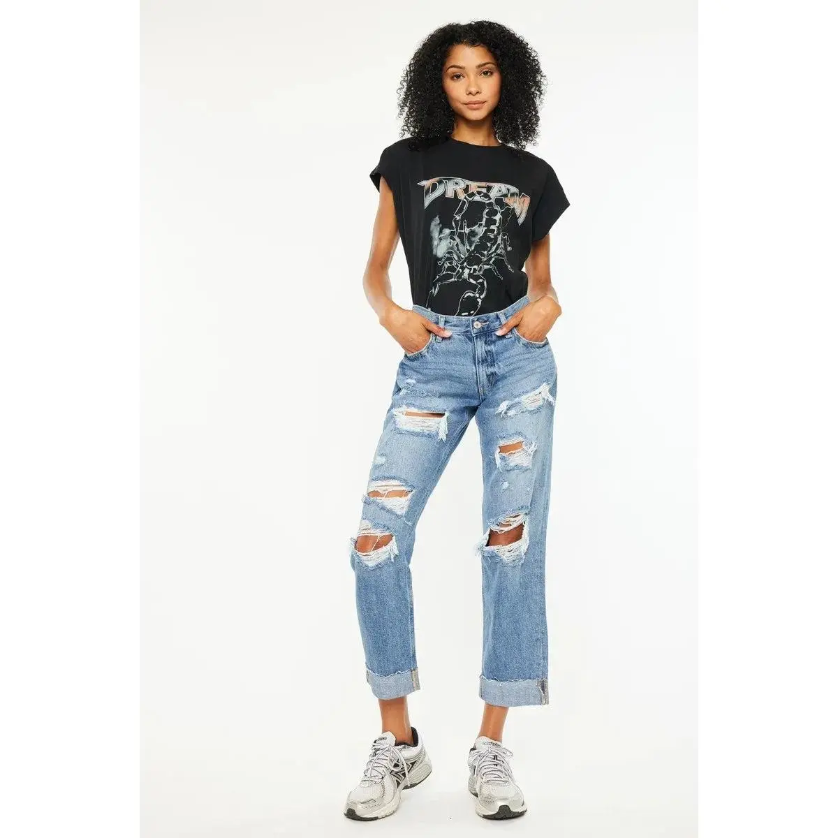 Kancan Mid Rise Distressed Boyfriend Fit Jeans