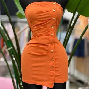 Strapless Dress with Gold Buttons - Stylish Casual Womenswear Mini Dress