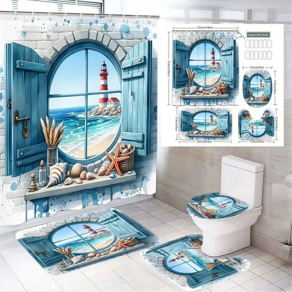 4pcs Nautical Coastal Bathroom Decor Set with Watercolor Lighthouse & Ocean Scene Shower Curtain, Matching Bath Rug, Contour Toilet Rug, and Toilet Lid Cover - Perfect for Beach House Vibes and Summer Refresh! Bathroom Decoration Accessories