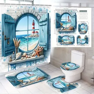 4pcs Nautical Coastal Bathroom Decor Set with Watercolor Lighthouse & Ocean Scene Shower Curtain, Matching Bath Rug, Contour Toilet Rug, and Toilet Lid Cover - Perfect for Beach House Vibes and Summer Refresh!