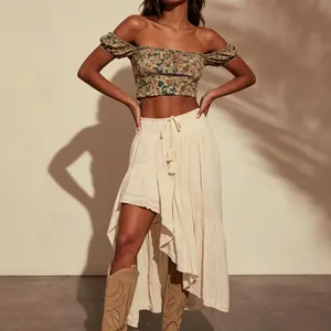 Woman's Boho Skirt High Waist Asymmetrical Hem Flowy Summer Skirt Western Boots Outfit Music Festival Beach Vacation Casual Chic Dress