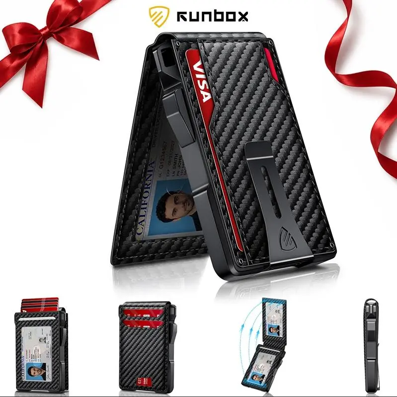 RUNBOX Men's Minimalist Slim Wallet - Cowhide Leather Bifold with Aluminum Pop-Up Card Holder, RFID Blocking, 9-13 Card Slots, Money Clip, ID Window, Compact & Expandable，sohochic