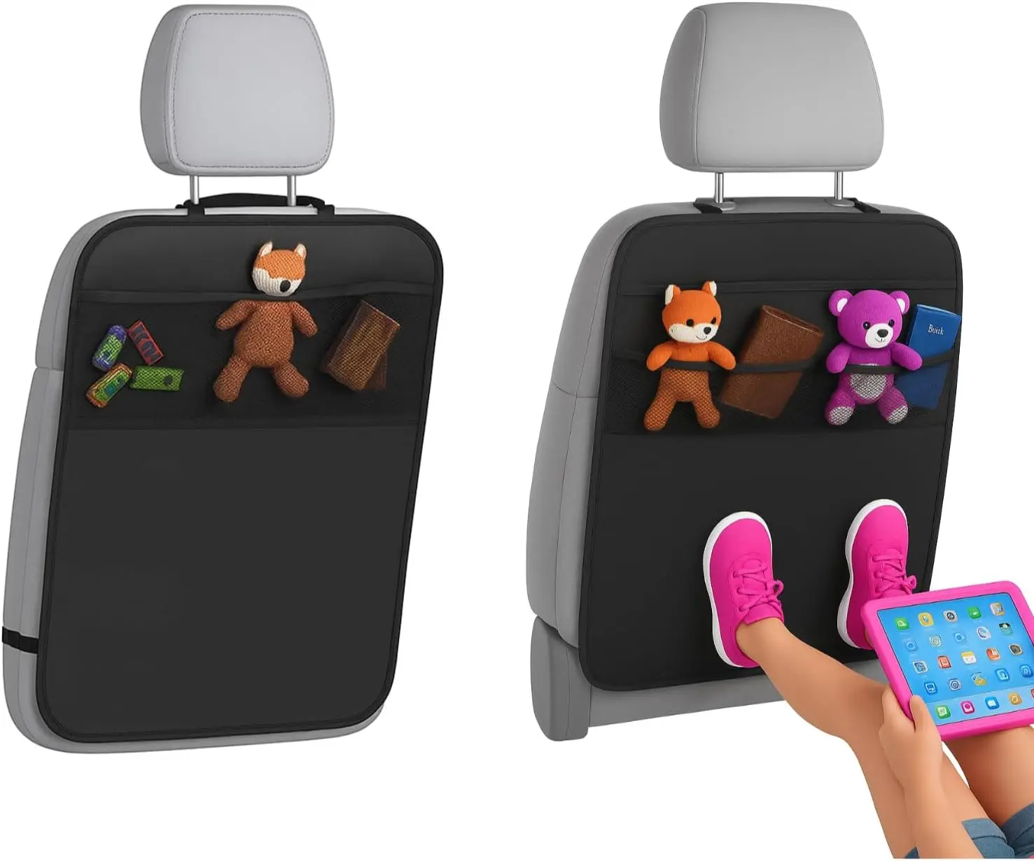 Car Back Seat Protector with Organizer, 19"x27" XL Kick Mats, Waterproof, 3 Pockets, 2-Pack (Black - 3 Pocket)