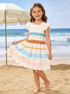 Girls Colorful Polka Dot Stripe Sundress with Back Zipper  A Line Flutter Sleeve Dress Casual Vacation Party Activewear