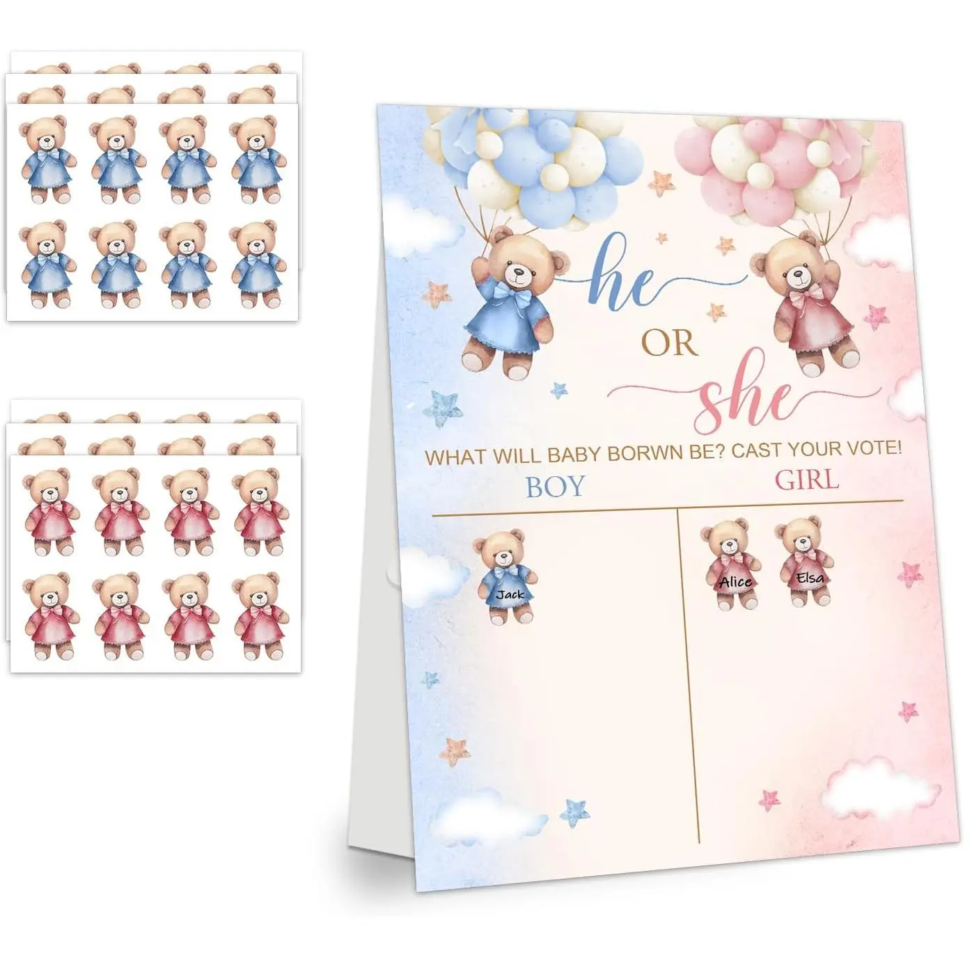 Gender Reveal Party , Teddy Theme  Gender Reveal Voting Board Sign, 48 Boy Girl Voting Stickers, He or She,  Gender Reveal Party Decorations  for Boy or Girl Shower, Bear 04