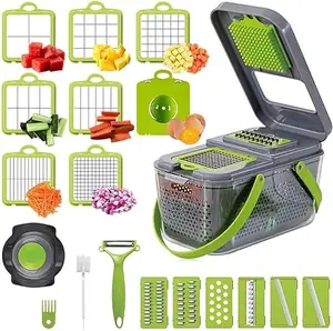 Vegetable Chopper with Container and Lid, 22-in-1 Adjustable Kitchen Mandoline French Fry Slicer Dicer Cutter for Veggie, Onion, Potato, Carrot, Tomato, Garlic, Cheese, Egg, Food Salad Chopper