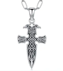 DRINSPER 925 Sterling Silver Viking Gungnir Cross Pendant Necklace - Odin's Spear Arrowhead with Celtic Knot, Norse Heritage Power Protection Amulet for Men (Ideal for Graduation, Birthday, Warrior Spirit)