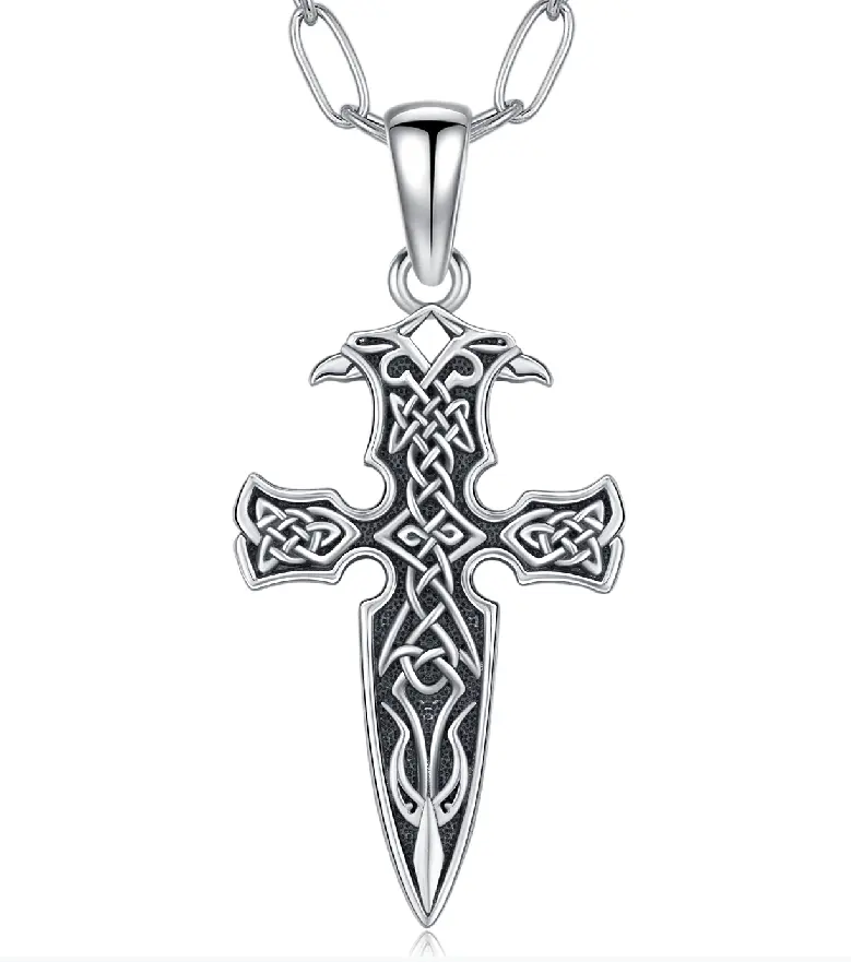 DRINSPER 925 Sterling Silver Viking Gungnir Cross Pendant Necklace - Odin's Spear Arrowhead with Celtic Knot, Norse Heritage Power Protection Amulet for Men (Ideal for Graduation, Birthday, Warrior Spirit)