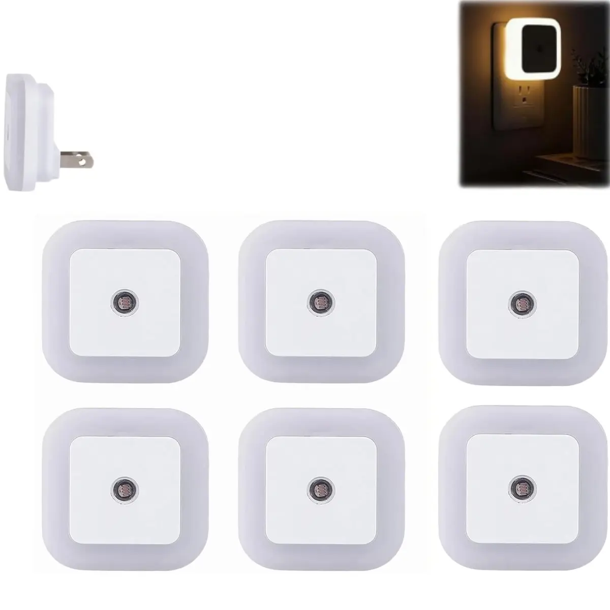 Square Light-Controlled Night Light, LED Smart Plug-in Night Light,  Automatic Motion Sensor Night Light for Hallway Bedroom Bathroom, Wall Sensor Light (6 PCS )
