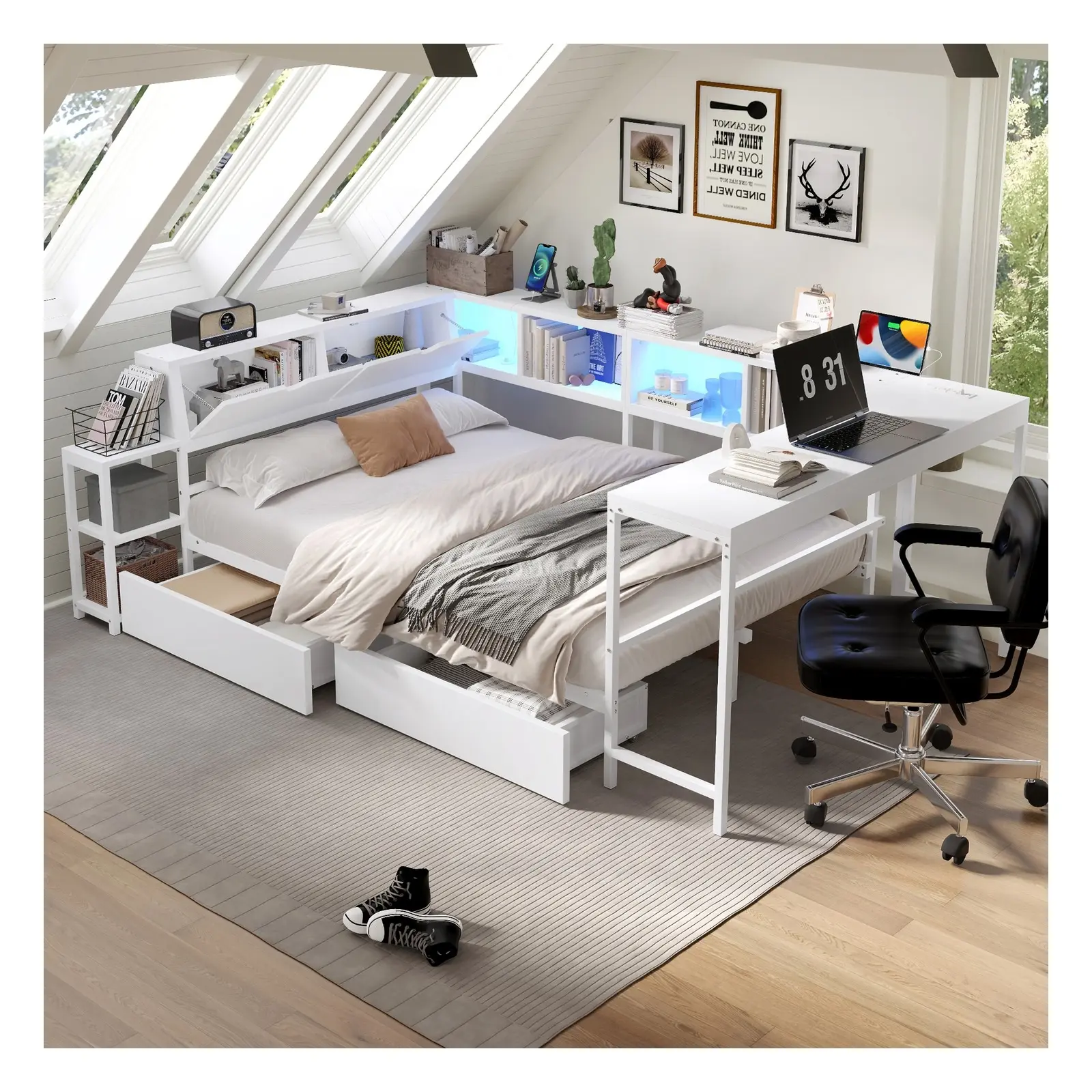 Twin/Full/Queen Size Metal Daybed Frame with Storage Drawers, Storage Headboard, LED Lights and Charging Station, Ancient White/Gray/Black