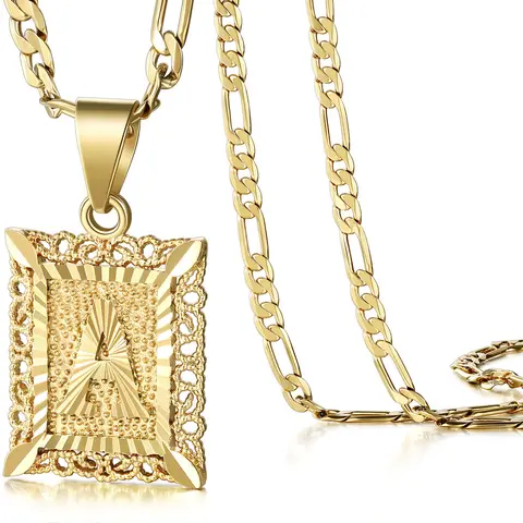 KissYan Women's 14K Gold Plated Square Capital Initial Monogram Necklace (A-Z), 50cm Long Figaro Chain, Gold Jewelry, Jewelry for Women, Daily & Anniversary Gift