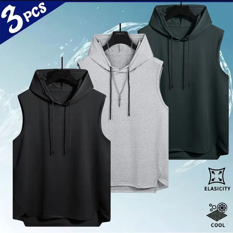 3-pack men’s sleeveless hoodies—breathable, quick-dry tops in an American sports-casual style. Ice-cool, highly elastic fabric that’s skin-friendly, wicks sweat, and doesn’t feel stuffy. Hood with drawstring offers a casual, versatile look. Slits at the h