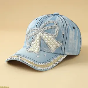 2026 Hot Fashion Pearl Denim Baseball Cap for Girls - Spring/Summer Versatile Color Diamond Pattern, Adjustable Snapback, Anti-UV Solar Protection Hat