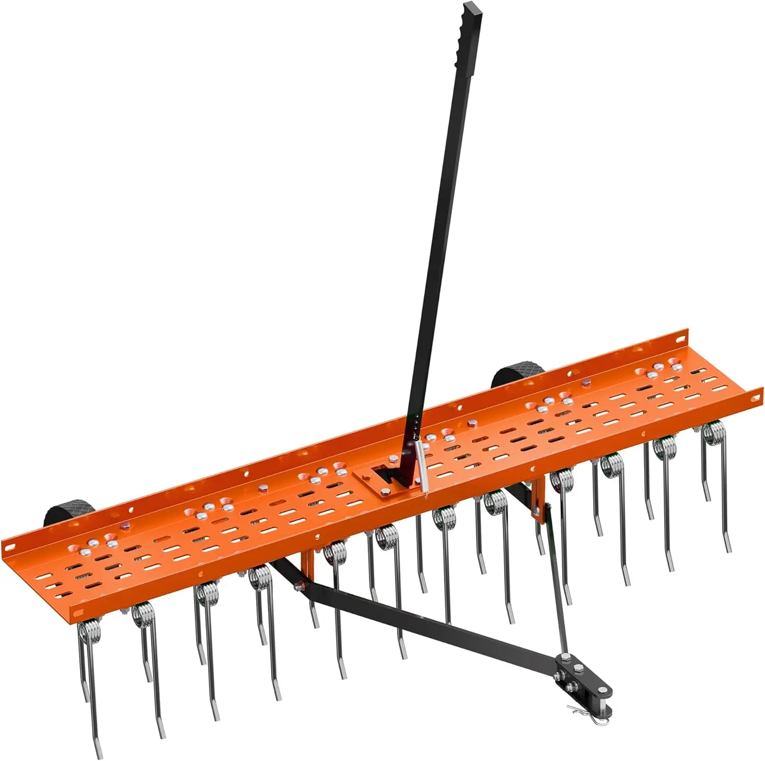 48-in Tow-Behind Dethatcher with 24 Spring Steel Tine Set - Pull-Behind Lawn Tractor Grass Rake for Yard & Farm Care, Clears Leaves & Pine Needles on Lawn Surfaces, Inches-Sized Thatch Removal Tool (Orange)