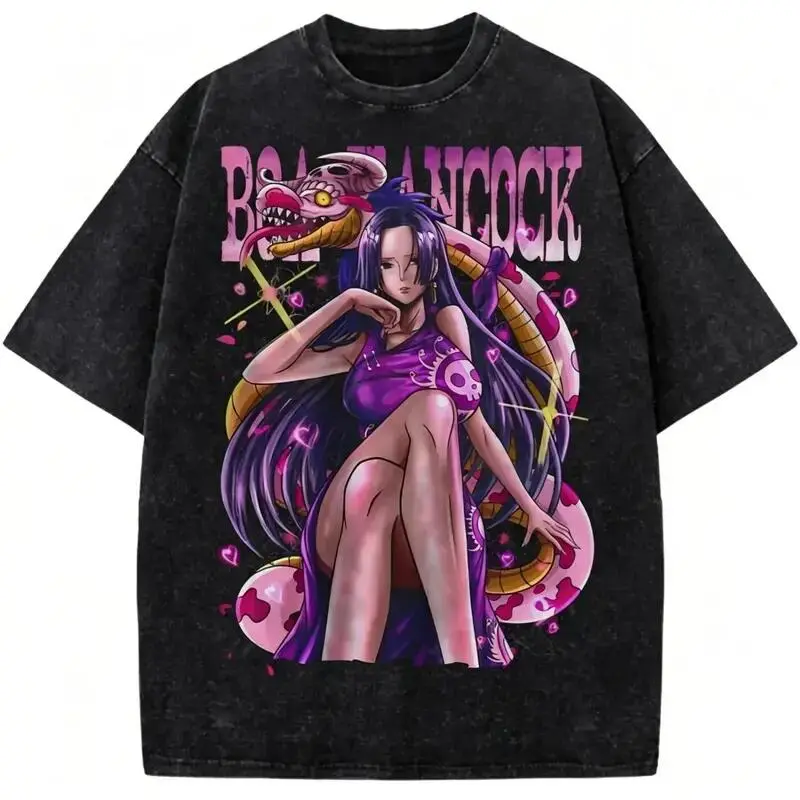 ZORA LAB Men's 1-Piece Anime T-Shirt - Boa Hancock Kuja Pirates Empress Snake Princess Graphic, Baggy Oversized Seamless Short-Sleeve Cotton Breathable Streetwear Vintage Washed Clothes, Tshirt, Apparel, Shortsleeve, Menswear, Loose, Fabric, Ribbed, Top,,