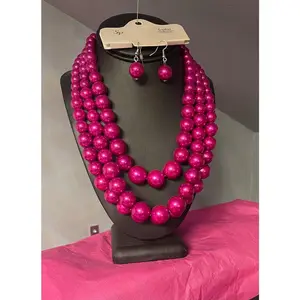Fuchsia Pearl Accessory Set | Earrings & 3 Layered Beaded Necklace